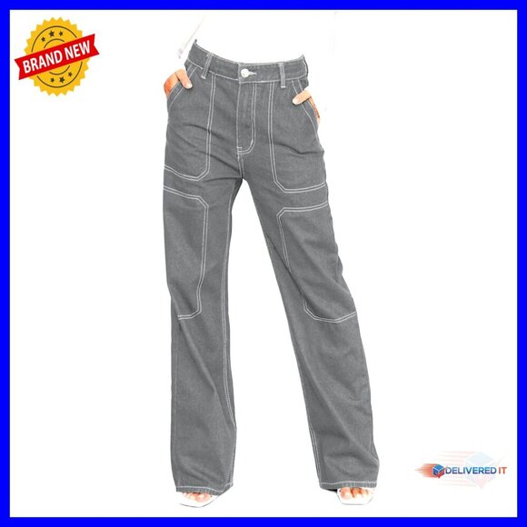 Denim - Mid Waist Cargo Jeans Stretch Button Wide Leg Denim Pants Casual Y2K